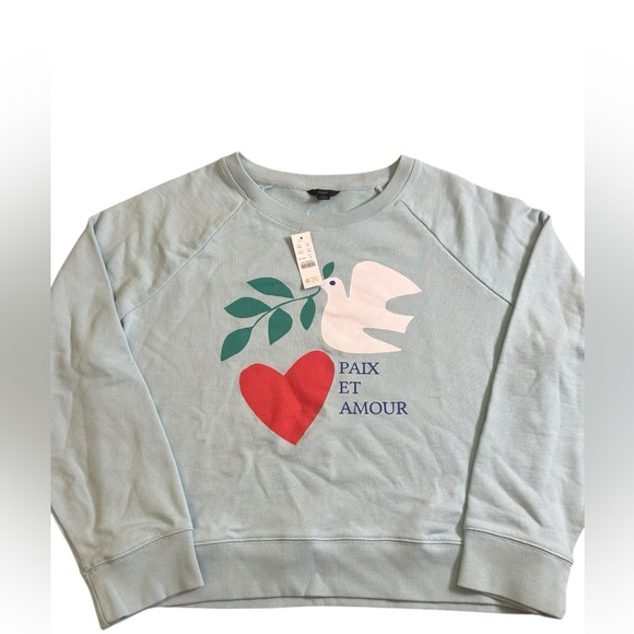 NWT J.CREW Holiday Dove Heart Paix et Amour Graphic Sweatshirt Light Blue M - Picture 2 of 12